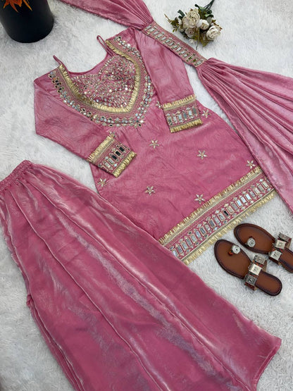 Beautifull Fendy Silk With Real Mirror Work Top Plazzo