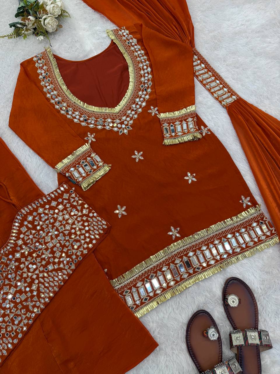 Beautifull Fendy Silk With Real Mirror Work Top Plazzo