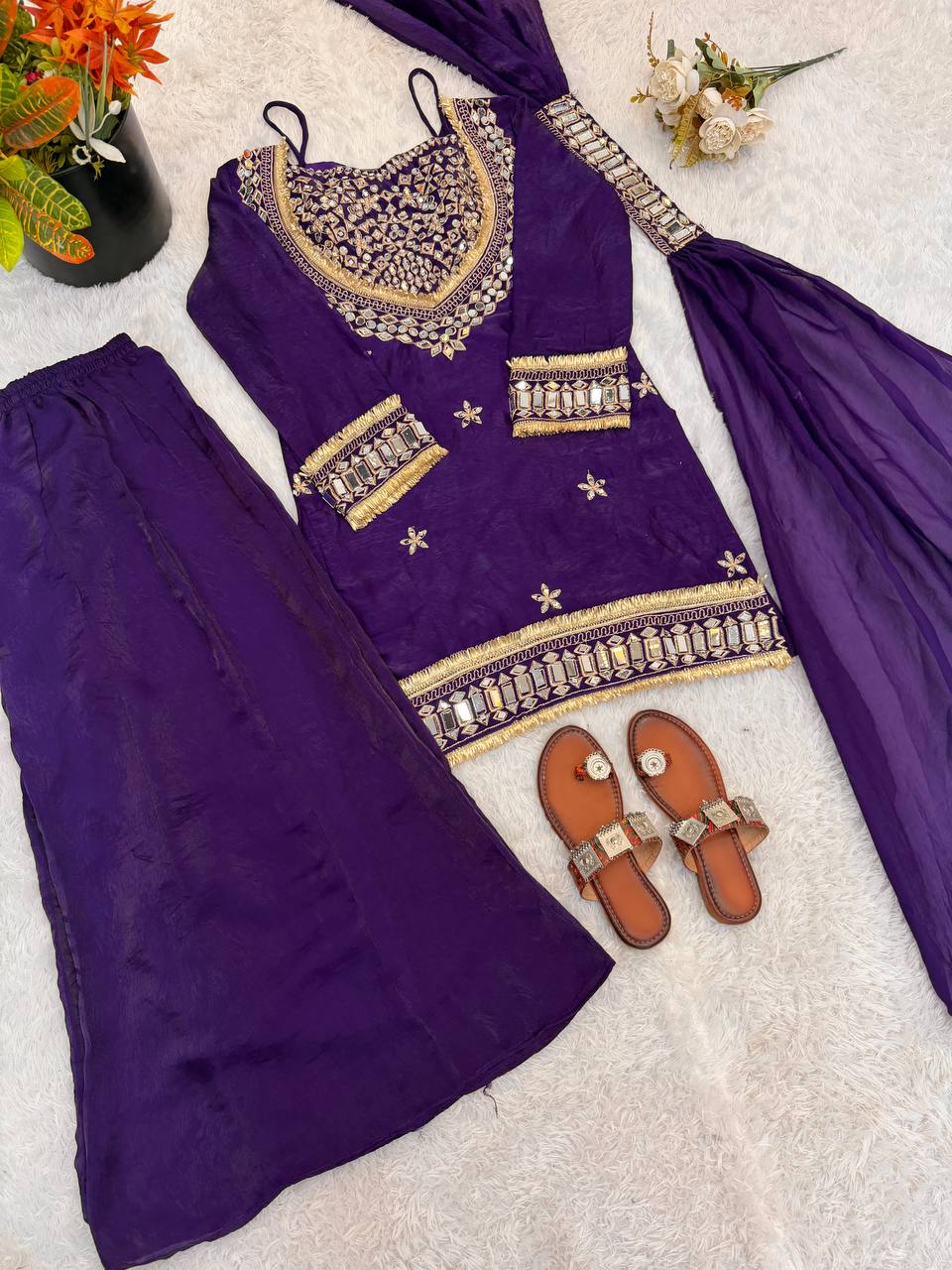 Beautifull Fendy Silk With Real Mirror Work Top Plazzo