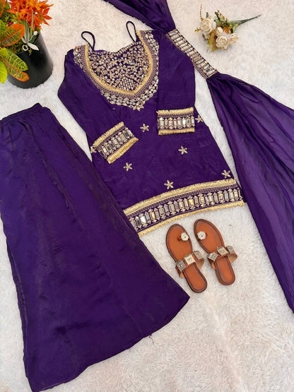Beautifull Fendy Silk With Real Mirror Work Top Plazzo