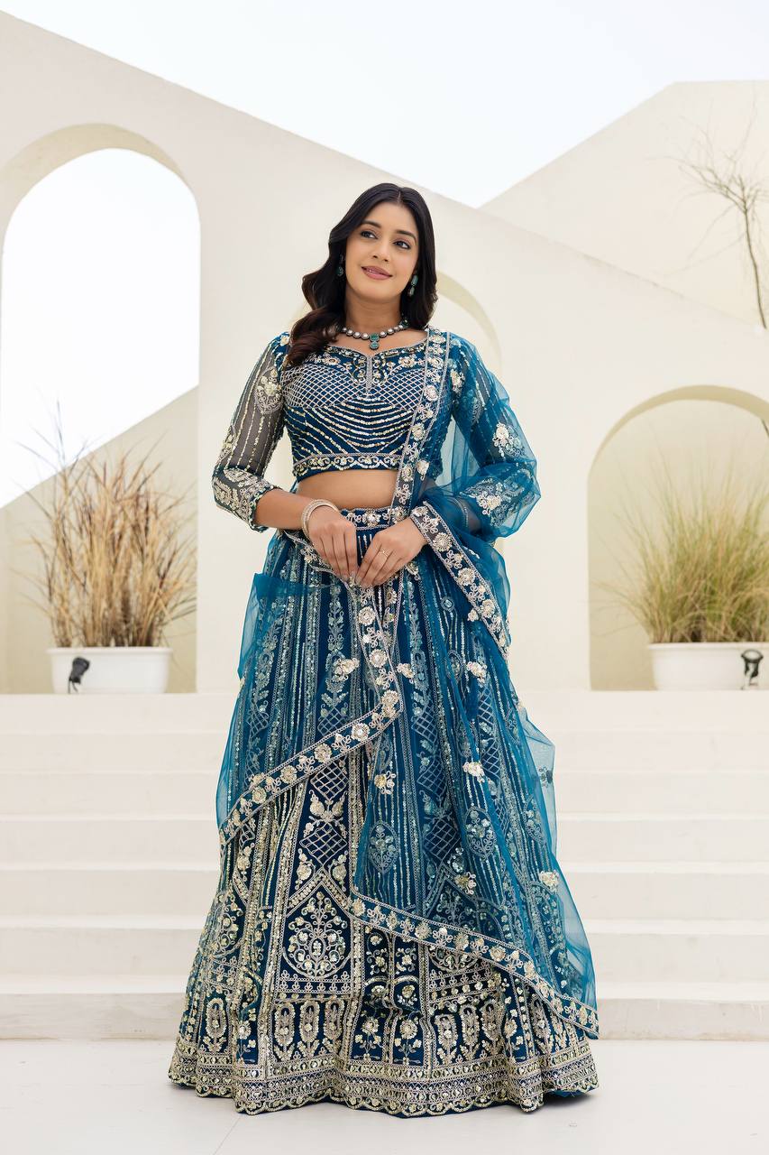 Wedding Special Butterfly Net With Sequience Codding Work Lehenga