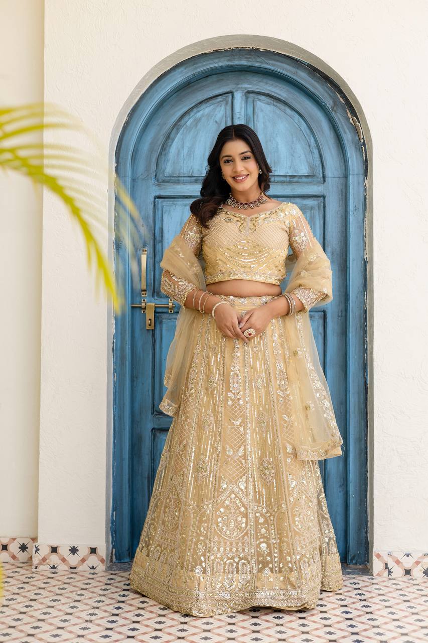 Wedding Special Butterfly Net With Sequience Codding Work Lehenga