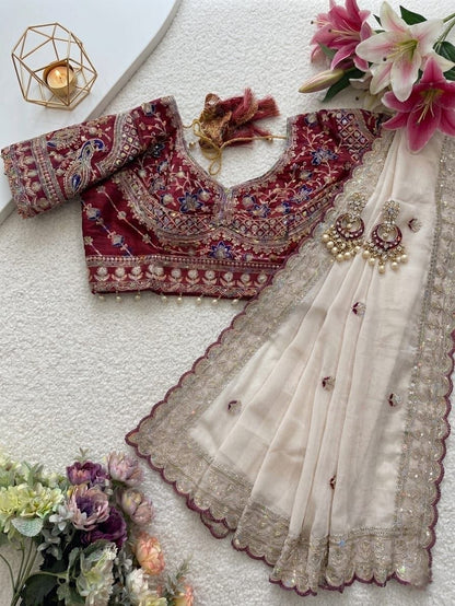 Beautifull Elegent Rich Look Embroidery Sequience Work Saree