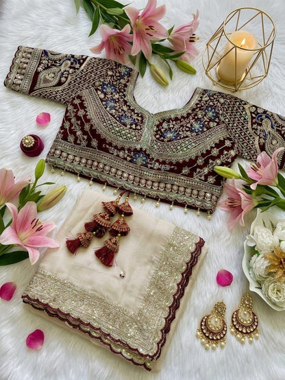 Beautifull Elegent Rich Look Embroidery Sequience Work Saree