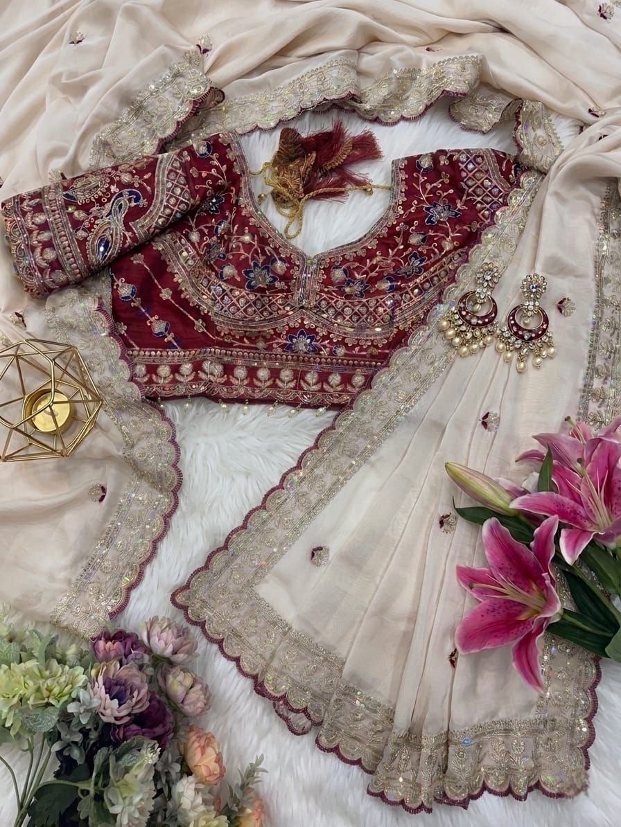 Beautifull Elegent Rich Look Embroidery Sequience Work Saree