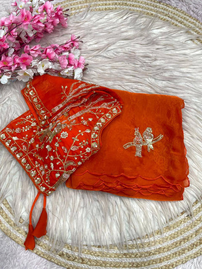 Beautifull Fandy Sattin With Khatli Brits Work Saree