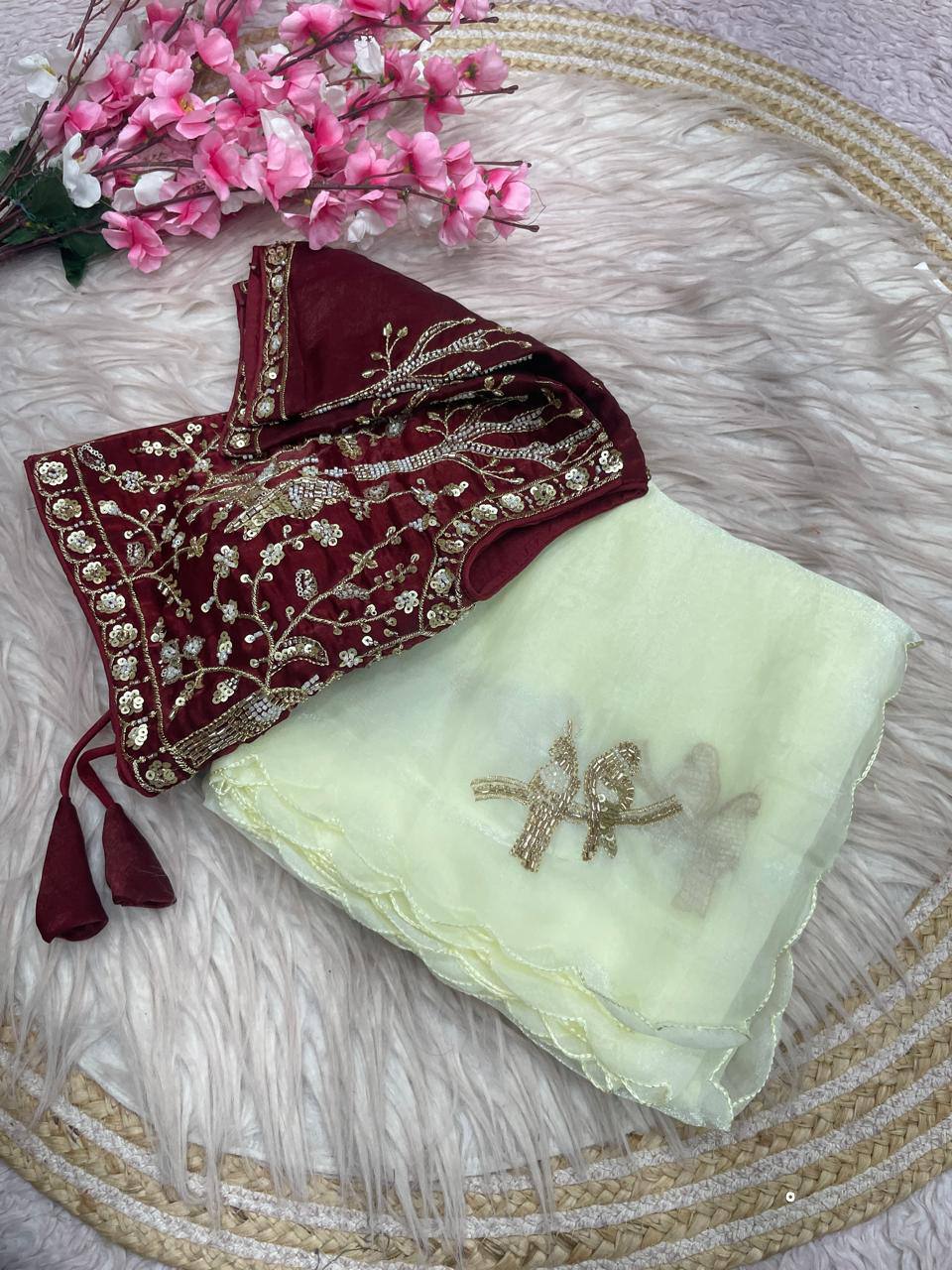 Beautifull Fandy Sattin With Khatli Brits Work Saree