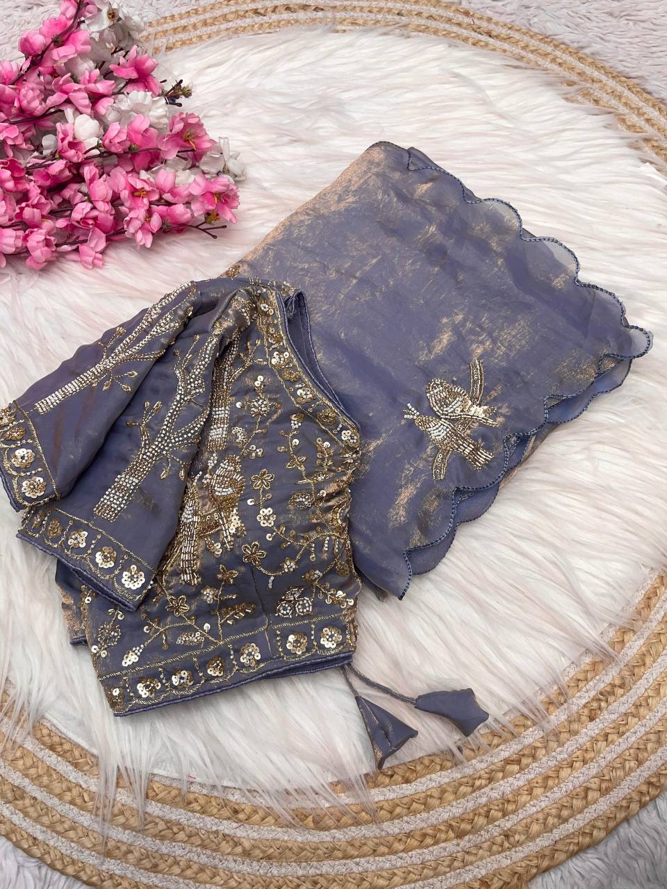 Beautifull Fandy Sattin With Khatli Brits Work Saree