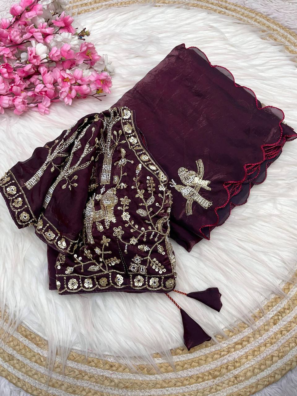 Beautifull Fandy Sattin With Khatli Brits Work Saree