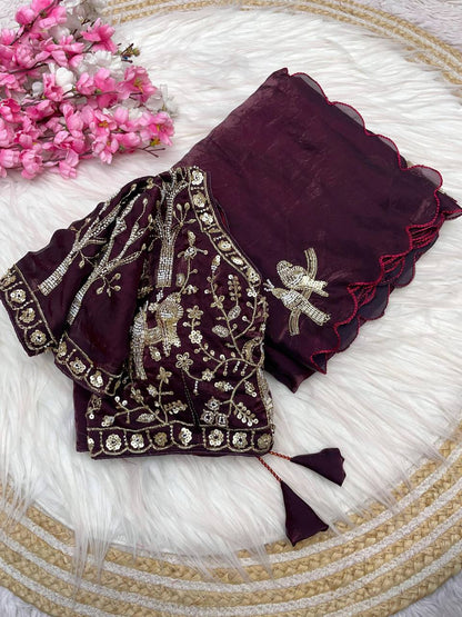 Beautifull Fandy Sattin With Khatli Brits Work Saree