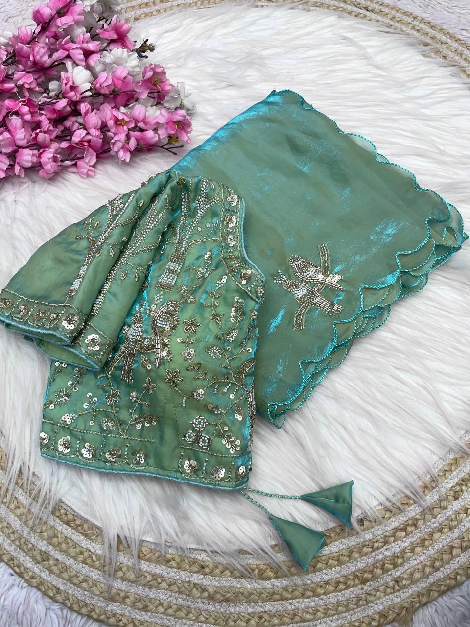 Beautifull Fandy Sattin With Khatli Brits Work Saree