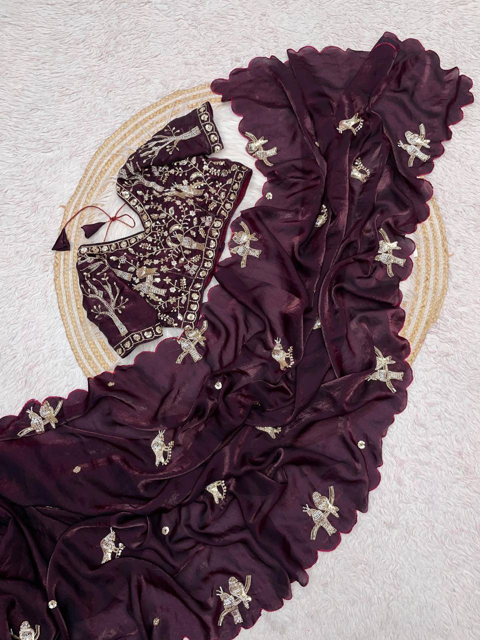 Beautifull Fandy Sattin With Khatli Brits Work Saree