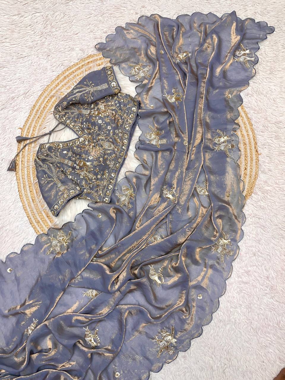 Beautifull Fandy Sattin With Khatli Brits Work Saree