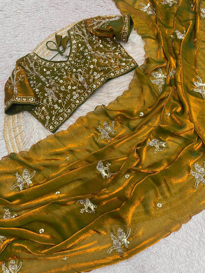 Beautifull Fandy Sattin With Khatli Brits Work Saree
