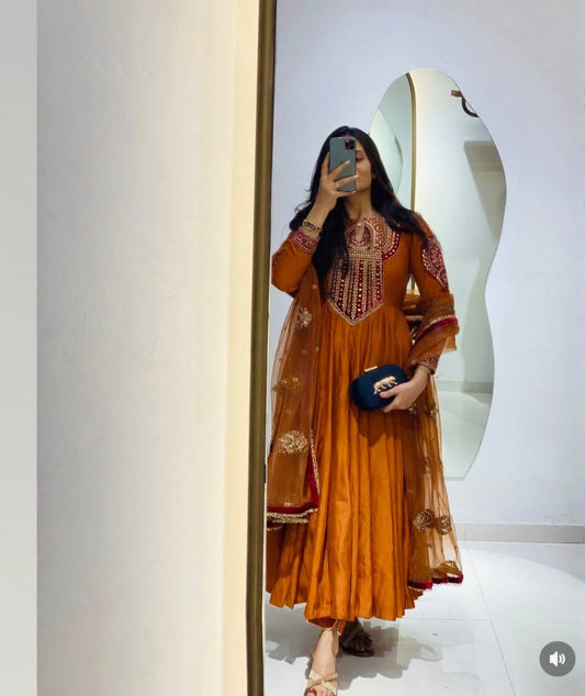 Beautifull Orange Color Georgette With Sequiece Zari Work Gown