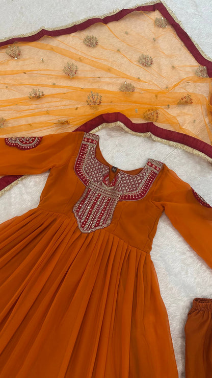 Beautifull Orange Color Georgette With Sequiece Zari Work Gown