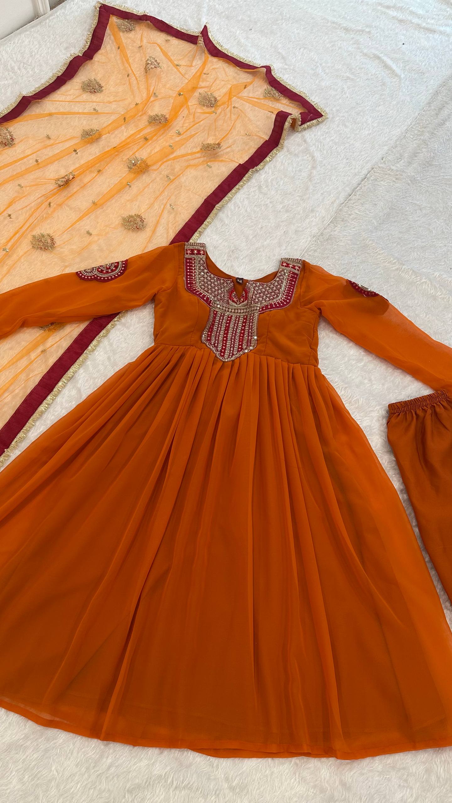 Beautifull Orange Color Georgette With Sequiece Zari Work Gown