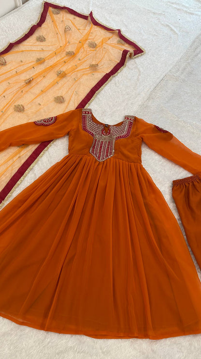 Beautifull Orange Color Georgette With Sequiece Zari Work Gown