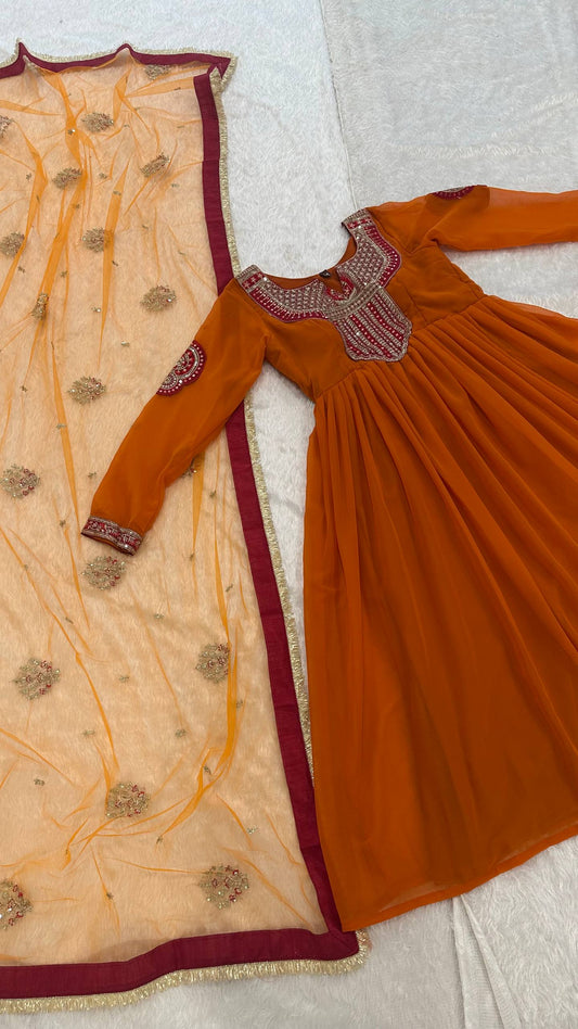 Beautifull Orange Color Georgette With Sequiece Zari Work Gown