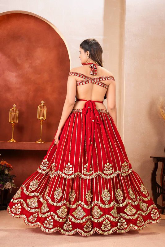 Beautifull Red Color Faux Georgette Sequience Embroidery Work Lehenga