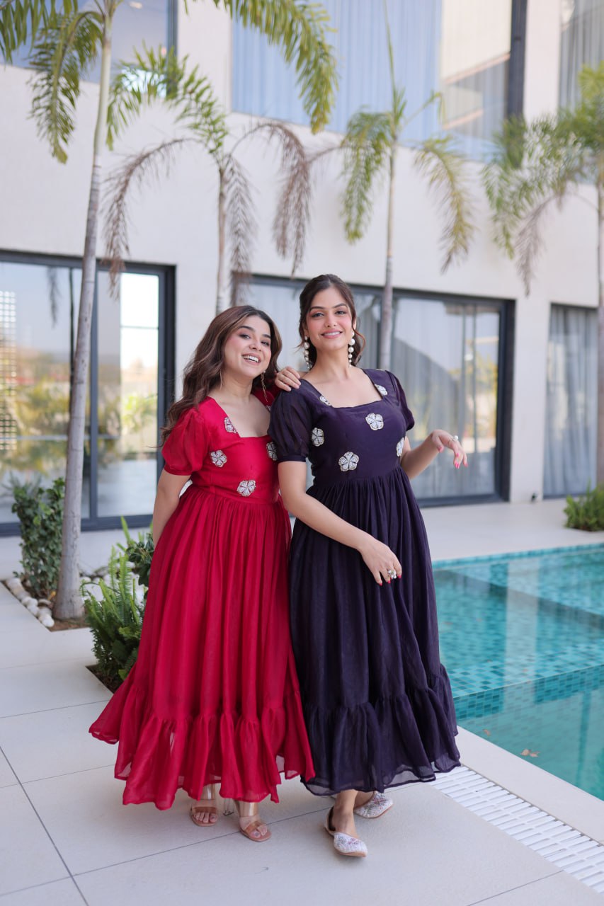 Beautifull Fendi Silk With Beads Embroidery Work Gown