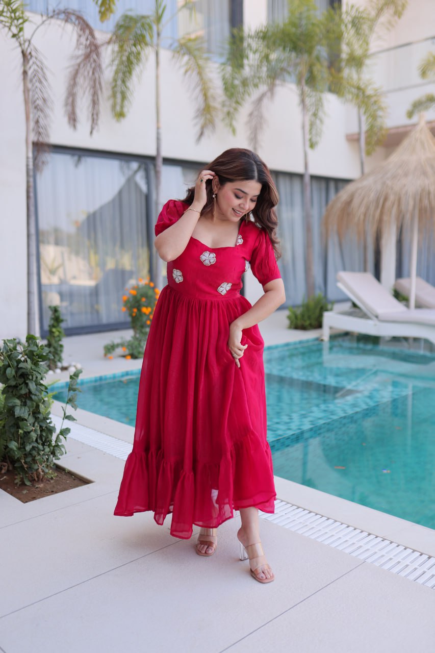 Beautifull Fendi Silk With Beads Embroidery Work Gown
