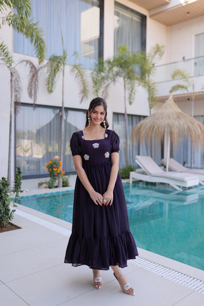 Beautifull Fendi Silk With Beads Embroidery Work Gown