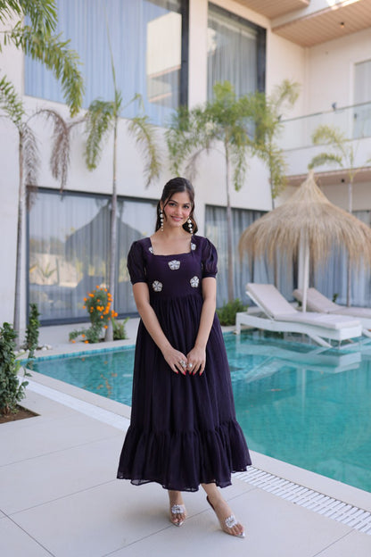 Beautifull Fendi Silk With Beads Embroidery Work Gown