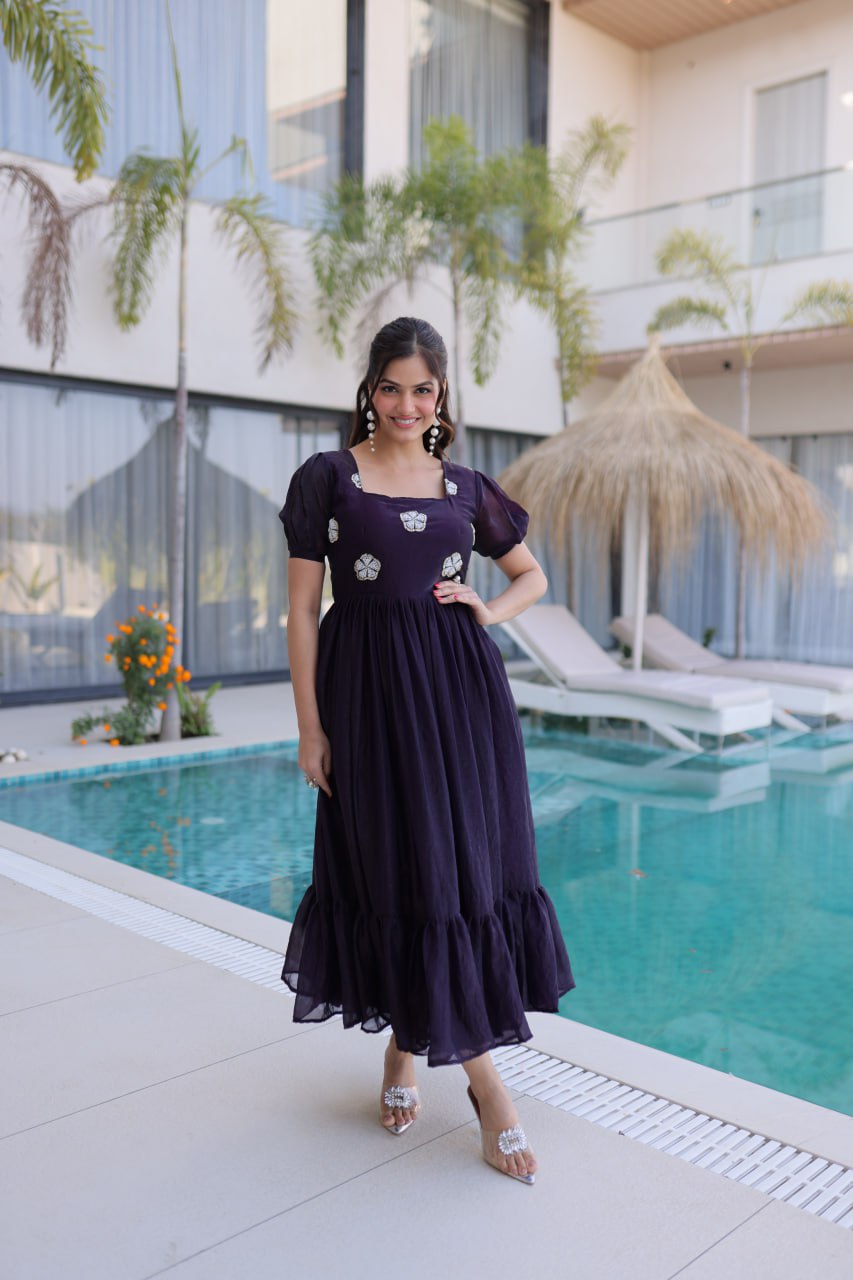 Beautifull Fendi Silk With Beads Embroidery Work Gown