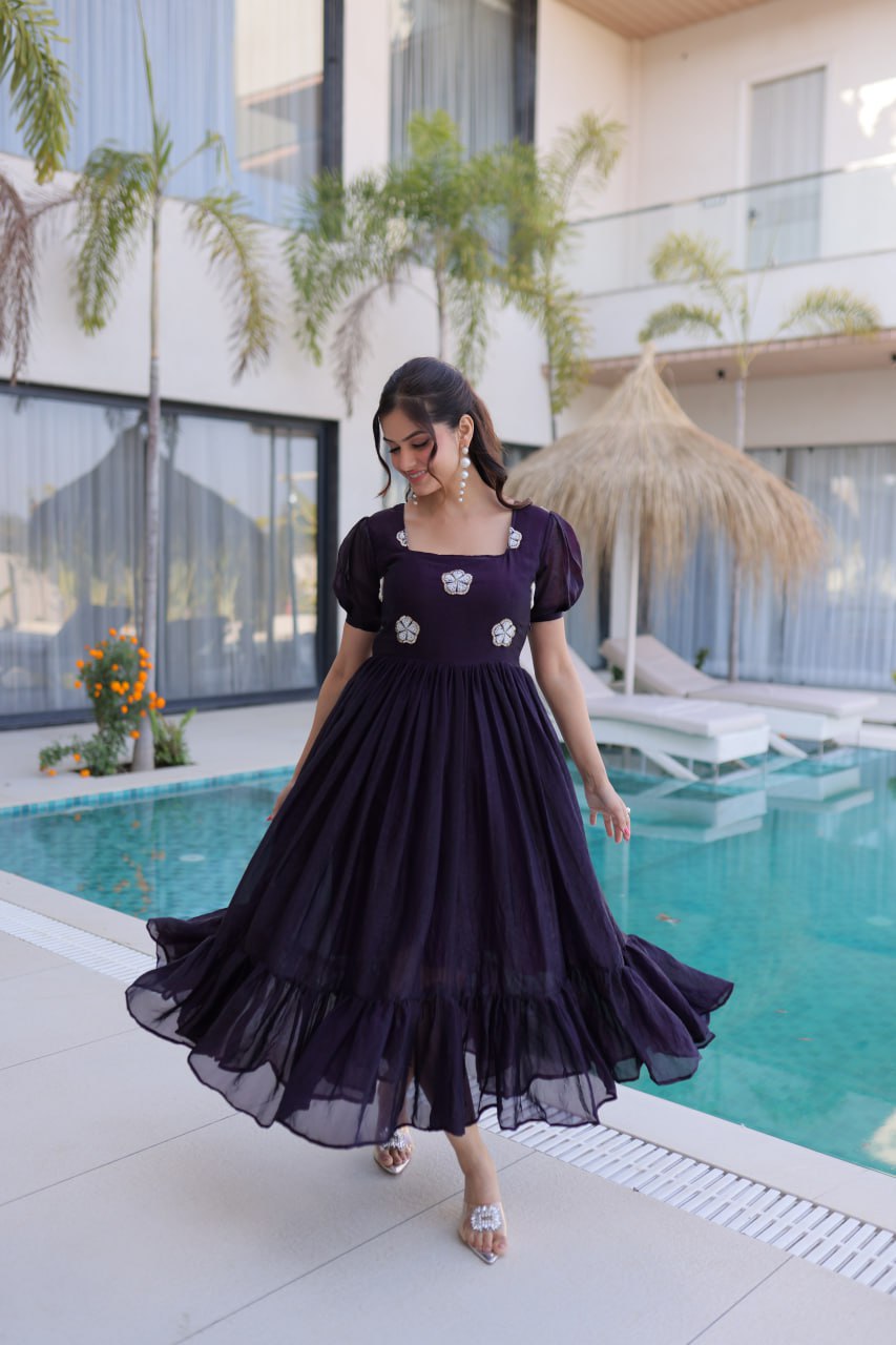 Beautifull Fendi Silk With Beads Embroidery Work Gown