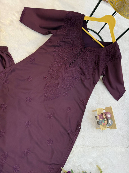 Wine Color Pure Cotton With Embroidery Work Top Pent