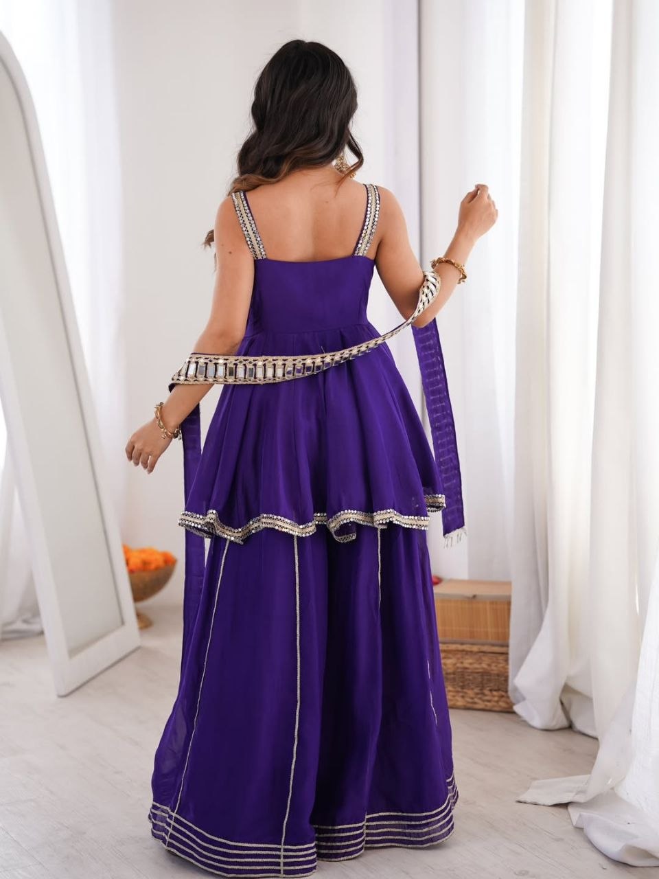 Beautifull Purple Color Soft Chinon With Hand Mirror Work Top Plazzo