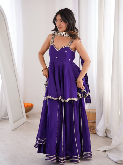 Beautifull Purple Color Soft Chinon With Hand Mirror Work Top Plazzo