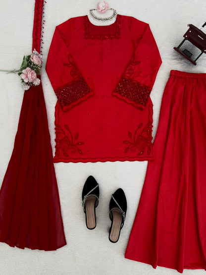 Beautiful Look Beads Work Natural Silk Plazzo Suit Set