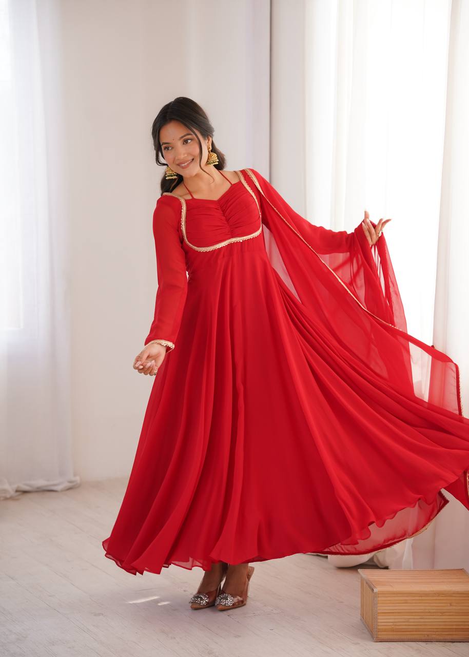 Red Color Fox Blooming Georgette Yoke Dori Work Gown