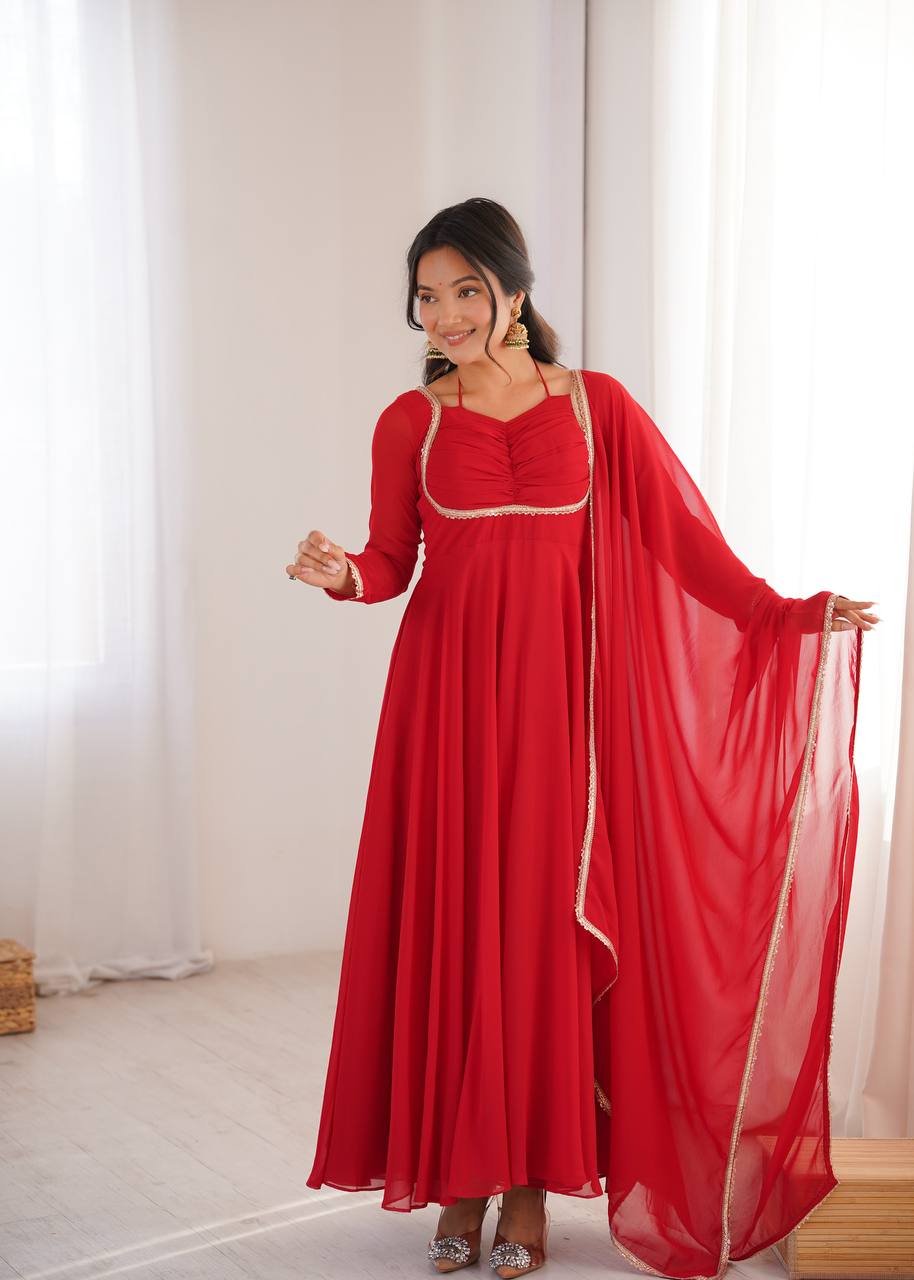 Red Color Fox Blooming Georgette Yoke Dori Work Gown