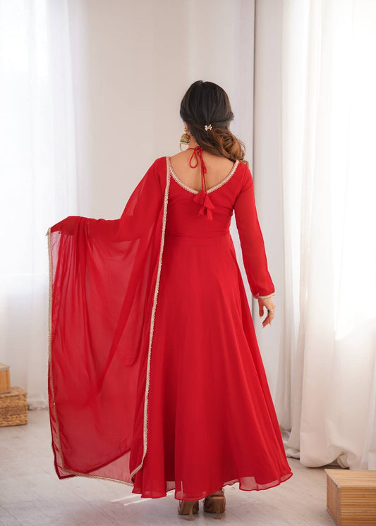 Red Color Fox Blooming Georgette Yoke Dori Work Gown