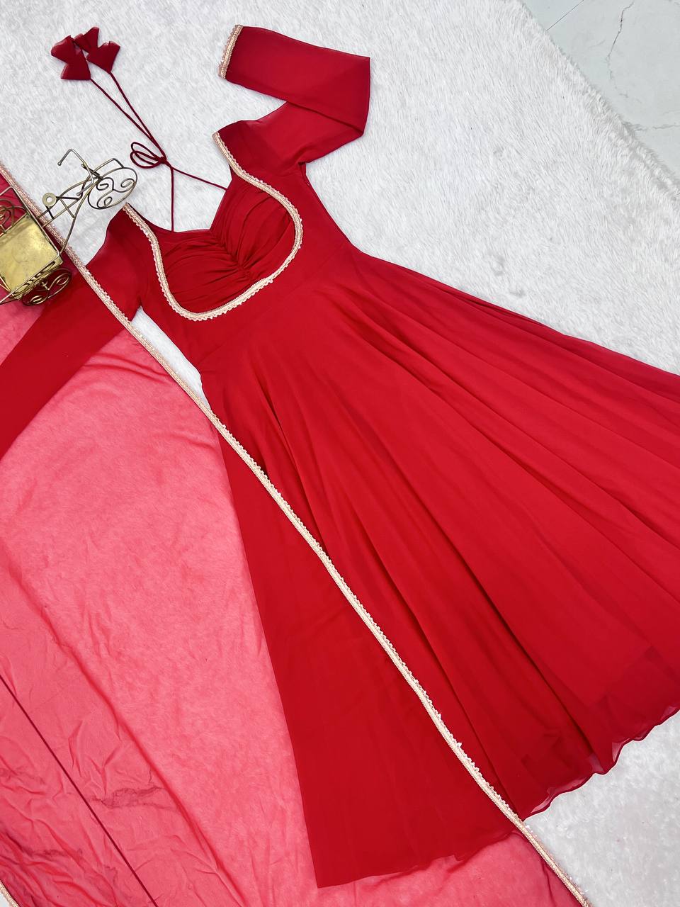Red Color Fox Blooming Georgette Yoke Dori Work Gown