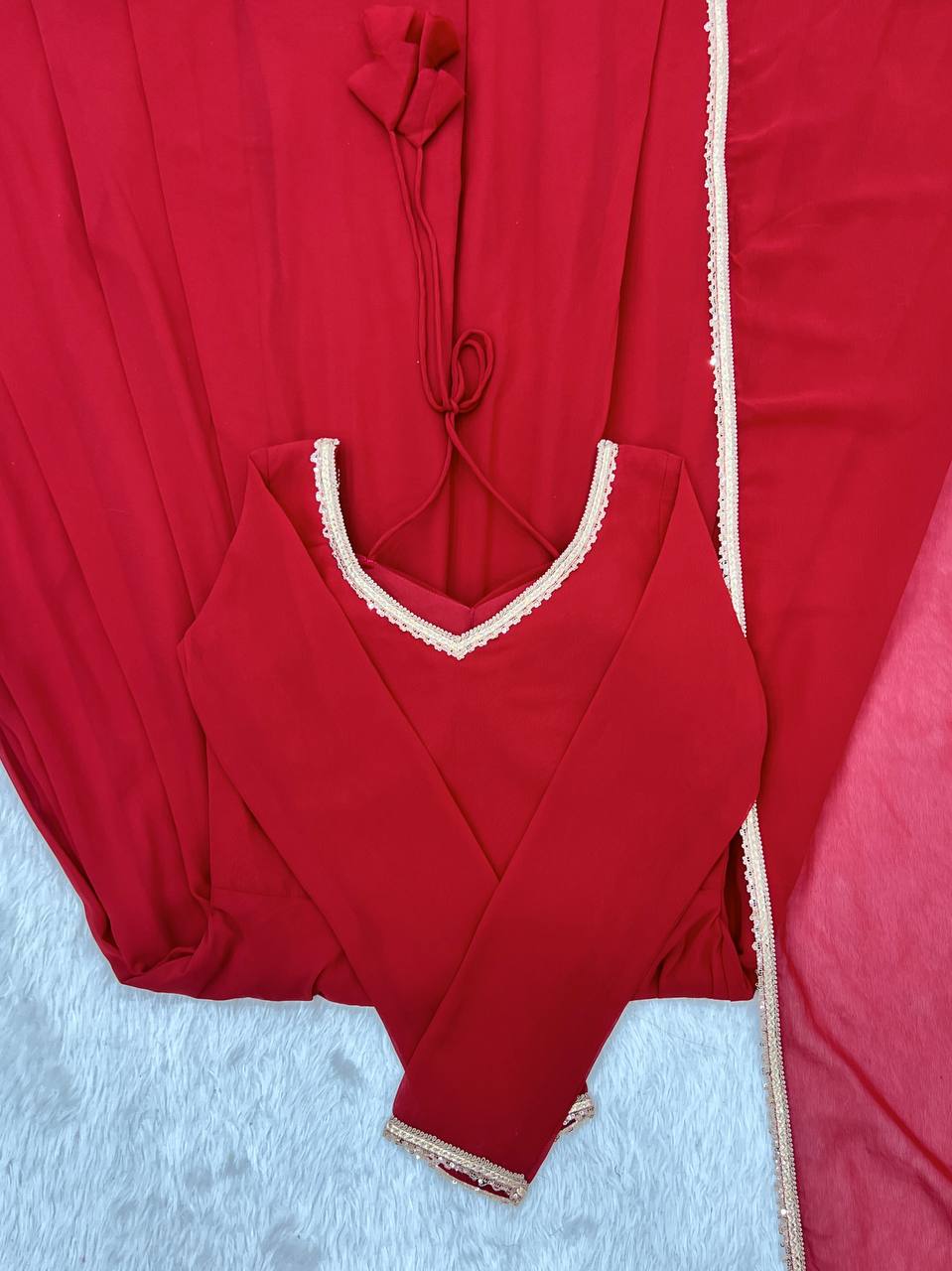 Red Color Fox Blooming Georgette Yoke Dori Work Gown