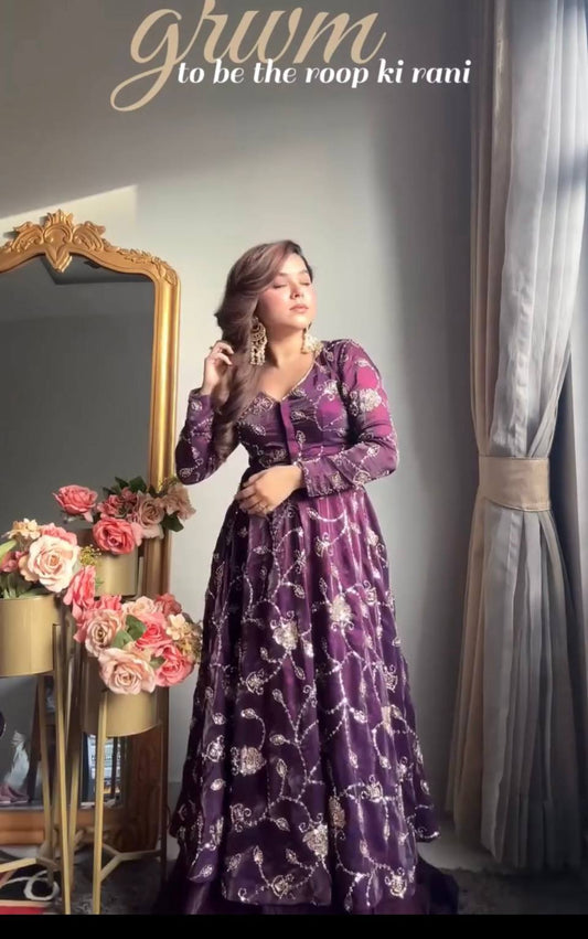 Beautifull Purple Color Frandy Silk With Emboroidery Work Gown