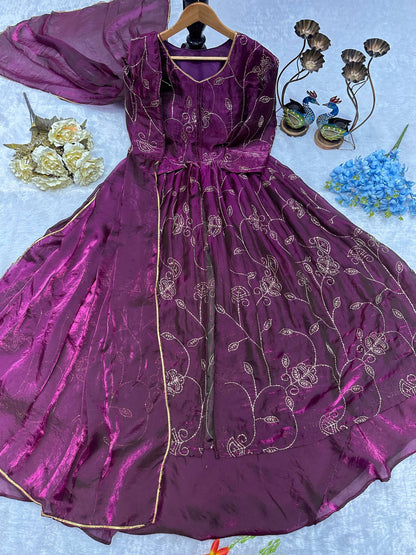 Beautifull Purple Color Frandy Silk With Emboroidery Work Gown