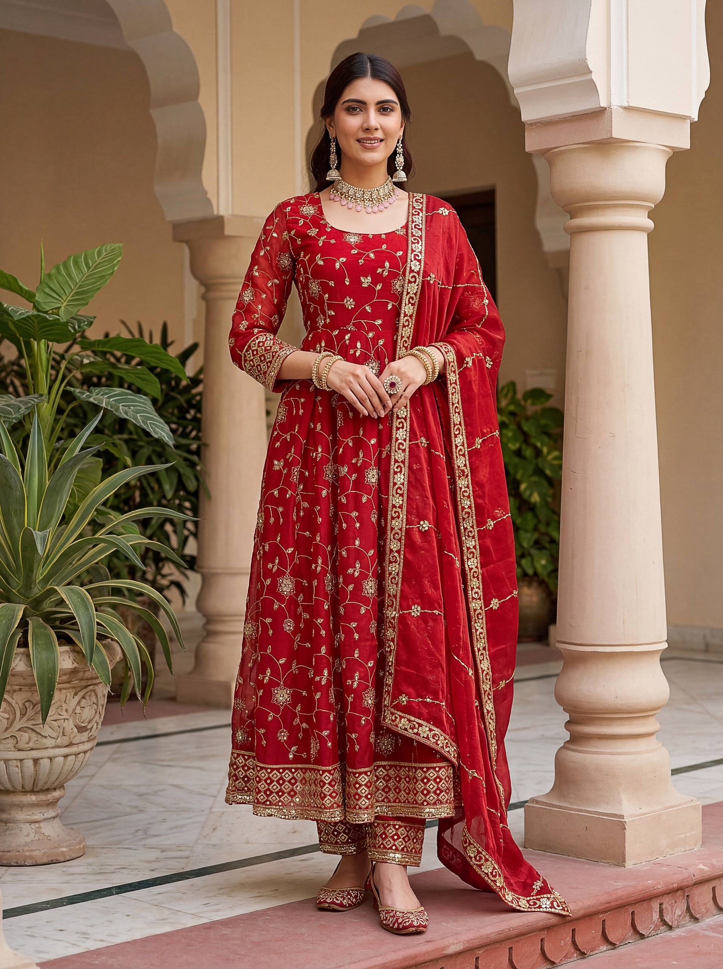 Beautiful Elegant Rich Look Embroidery Sequence Zari Work Fandy Silk Gown Set