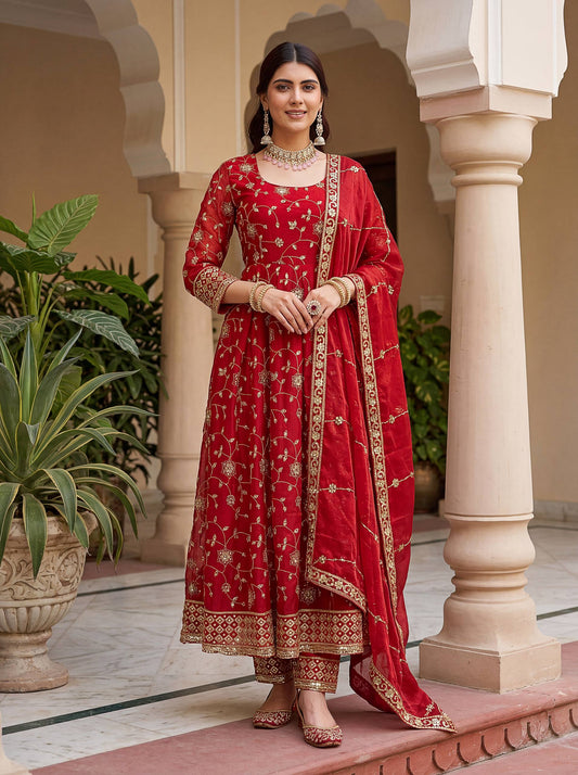 Beautiful Elegant Rich Look Embroidery Sequence Zari Work Fandy Silk Gown Set