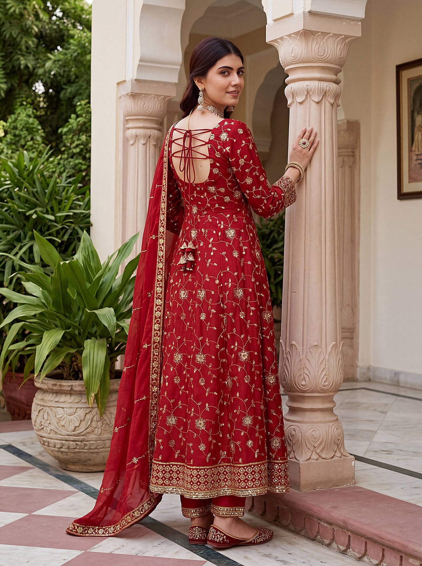 Beautiful Elegant Rich Look Embroidery Sequence Zari Work Fandy Silk Gown Set