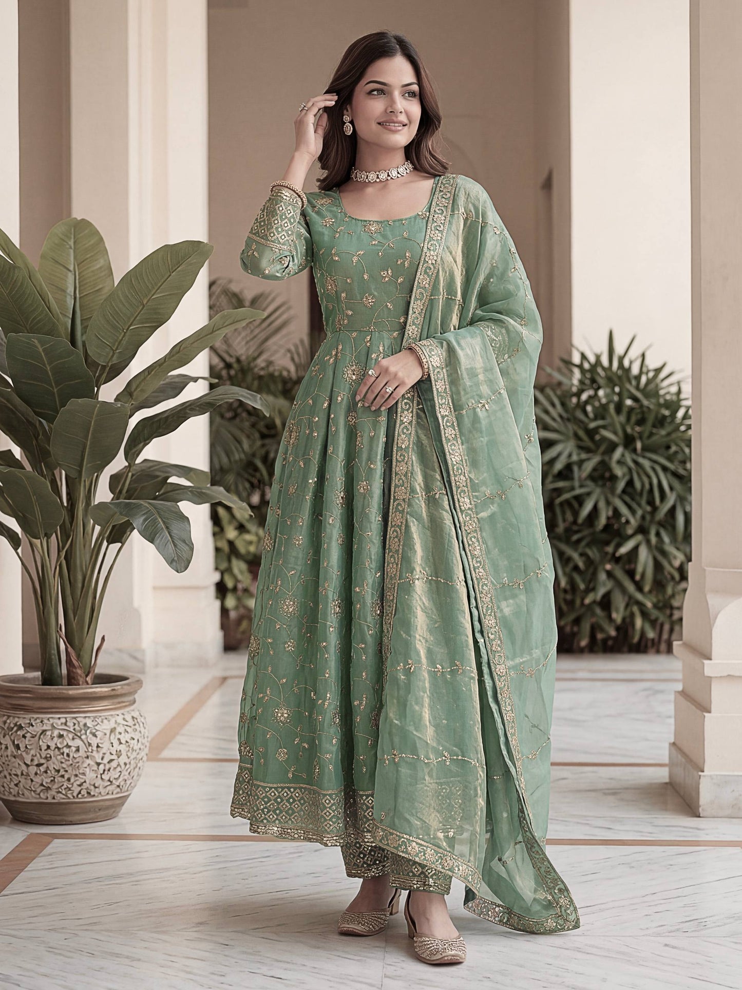 Beautiful Elegant Rich Look Embroidery Sequence Zari Work Fandy Silk Gown Set