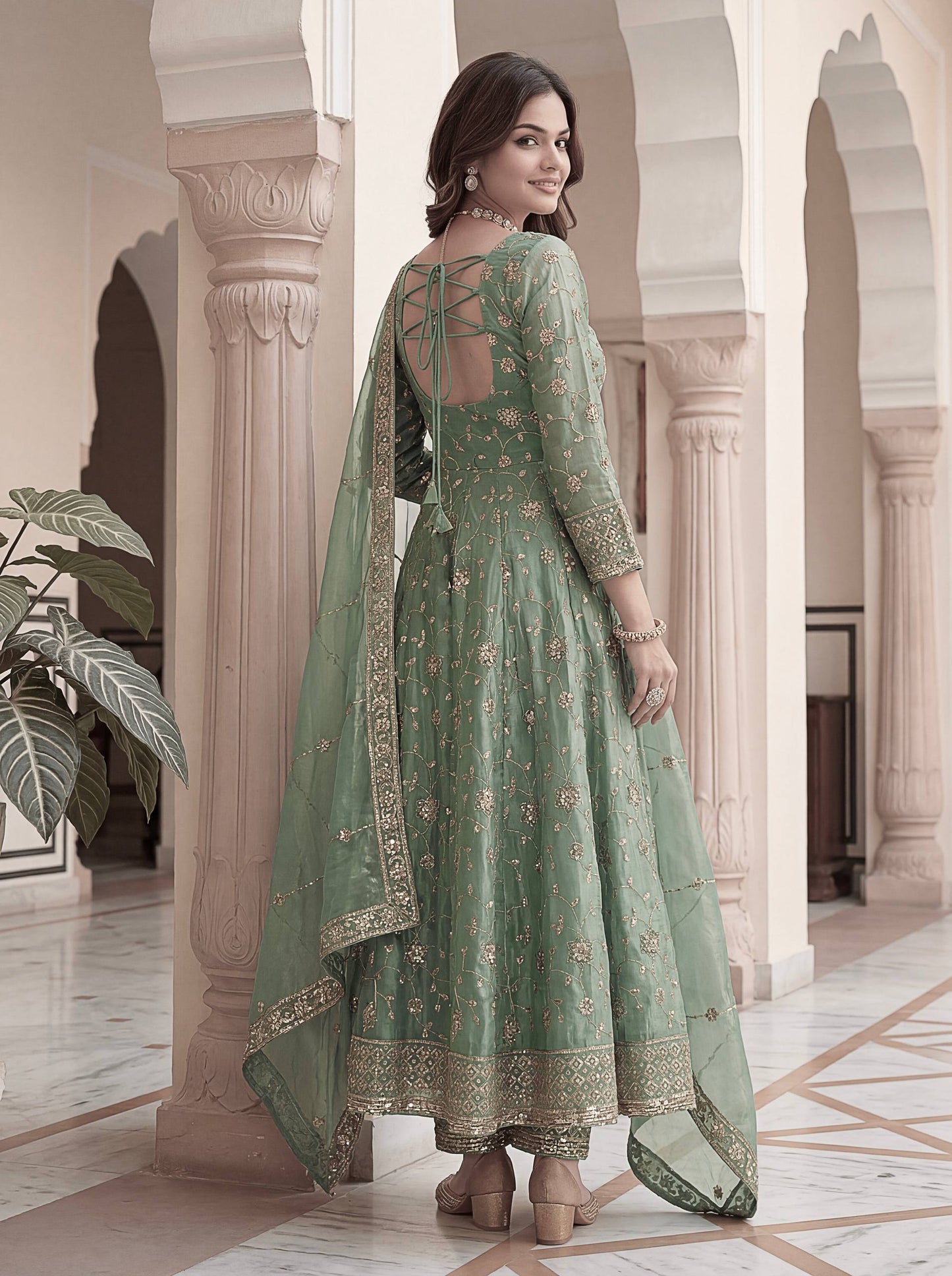 Beautiful Elegant Rich Look Embroidery Sequence Zari Work Fandy Silk Gown Set