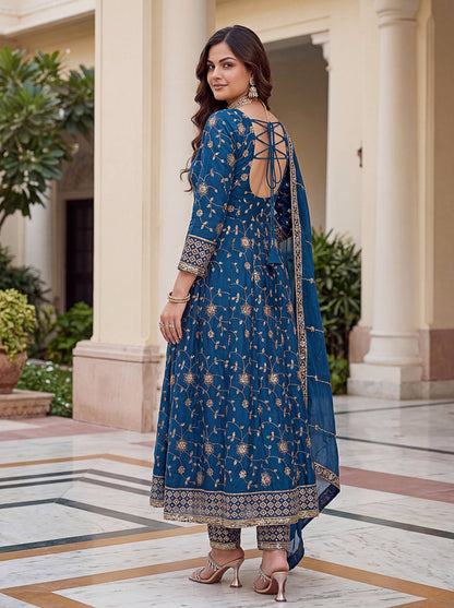 Beautiful Elegant Rich Look Embroidery Sequence Zari Work Fandy Silk Gown Set