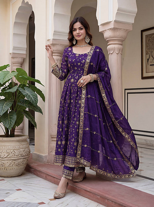 Beautiful Elegant Rich Look Embroidery Sequence Zari Work Fandy Silk Gown Set
