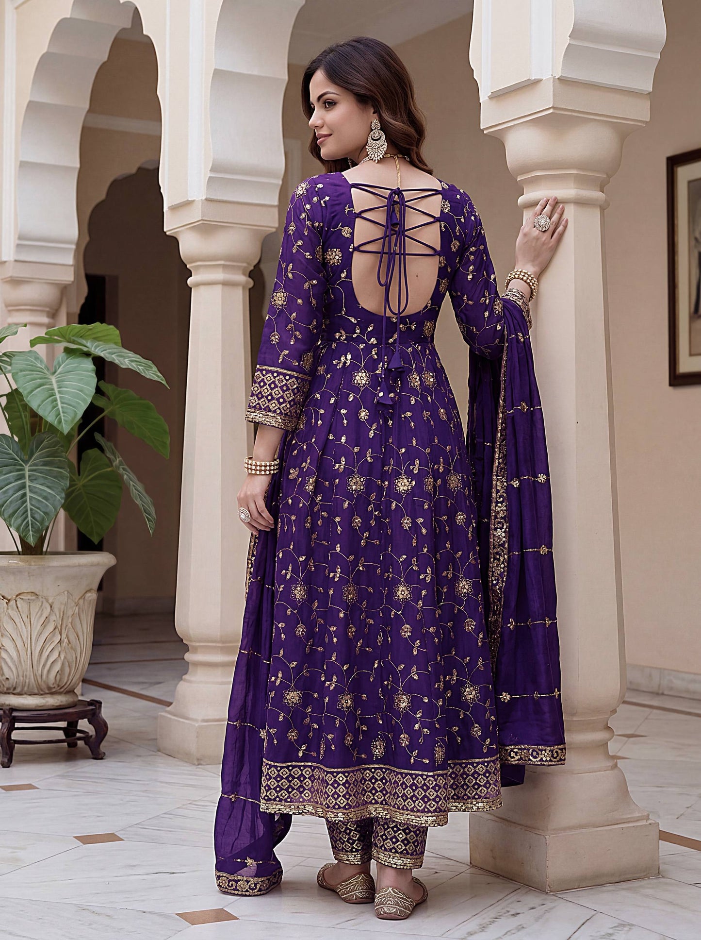 Beautiful Elegant Rich Look Embroidery Sequence Zari Work Fandy Silk Gown Set