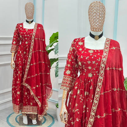 Beautiful Elegant Rich Look Embroidery Sequence Zari Work Fandy Silk Gown Set